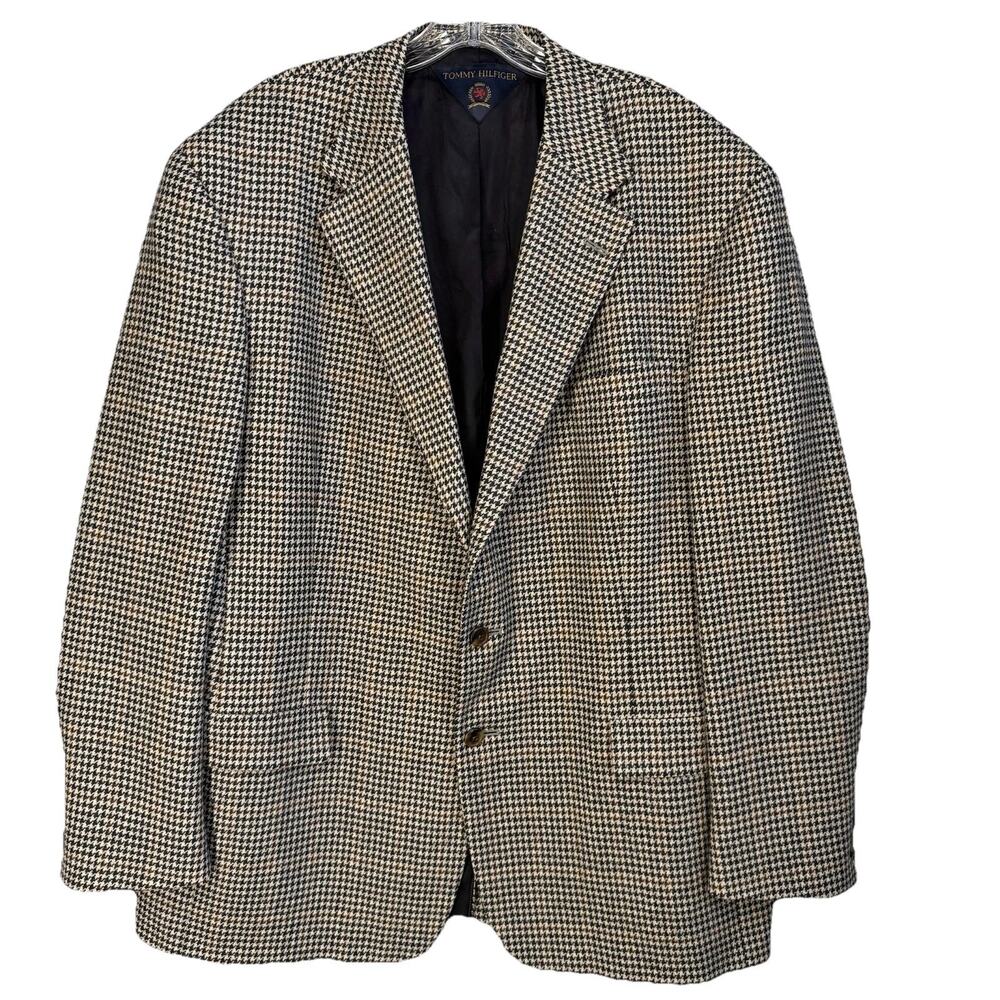 Tommy Hilfiger Vtg Mens 46L Brown Houndstooth 100% Wool Tweed Mens Blazer